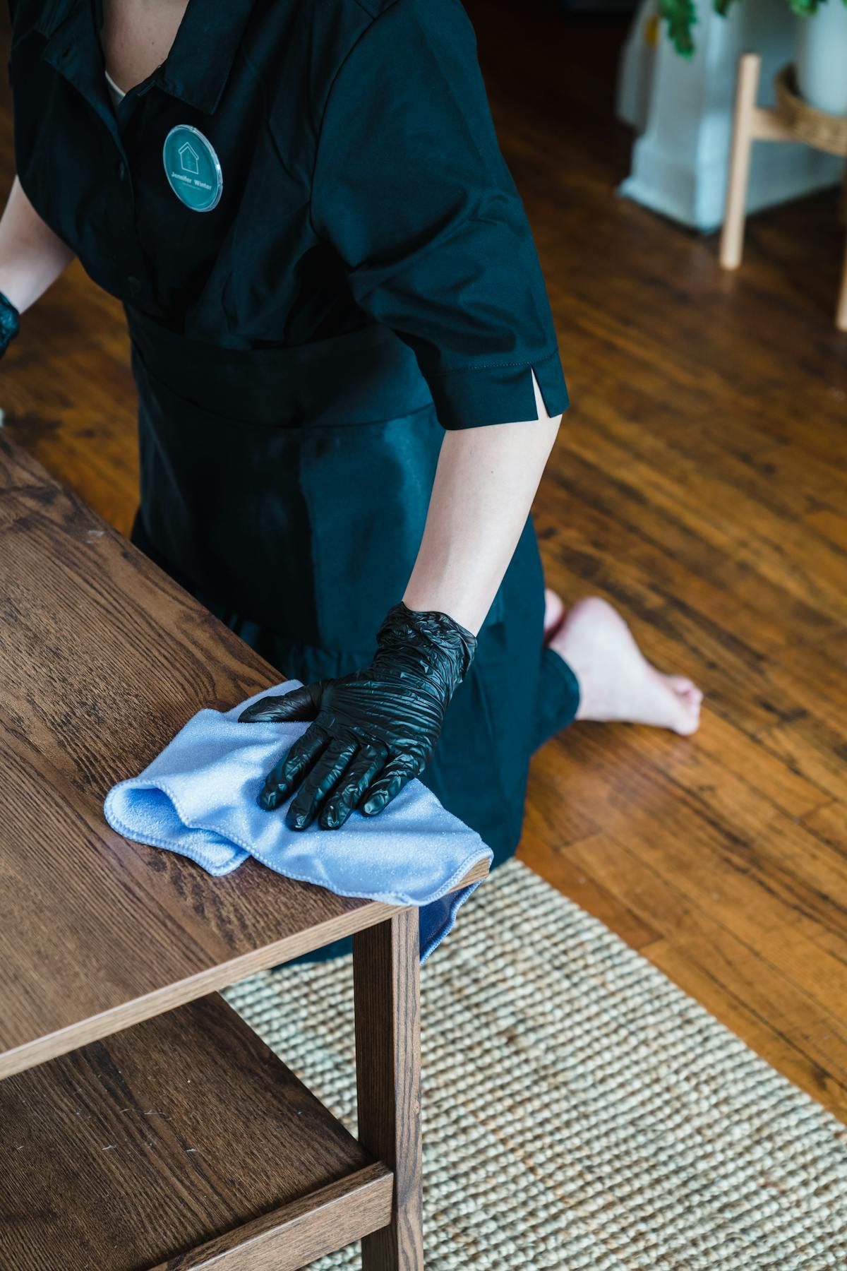 Professional cleaner sanitizing kitchen surfaces